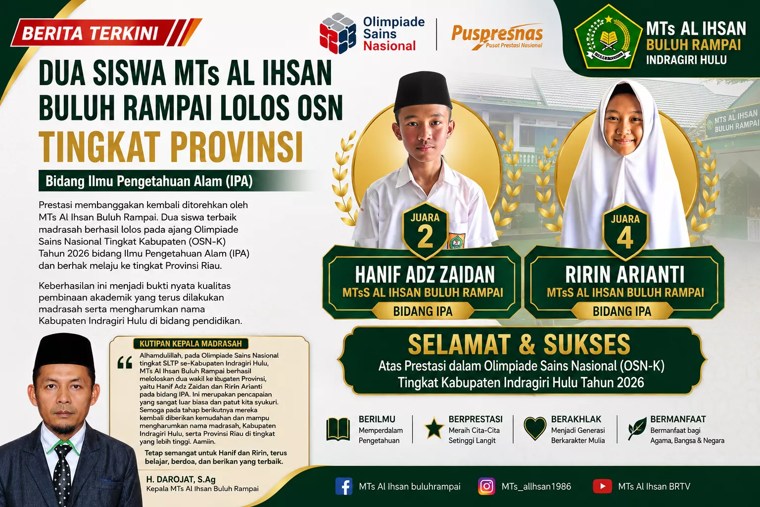   Dua Siswa MTs Al Ihsan Buluh Rampai Lolos ke OSN Tingkat Provinsi, Harumkan Nama Indragiri Hulu