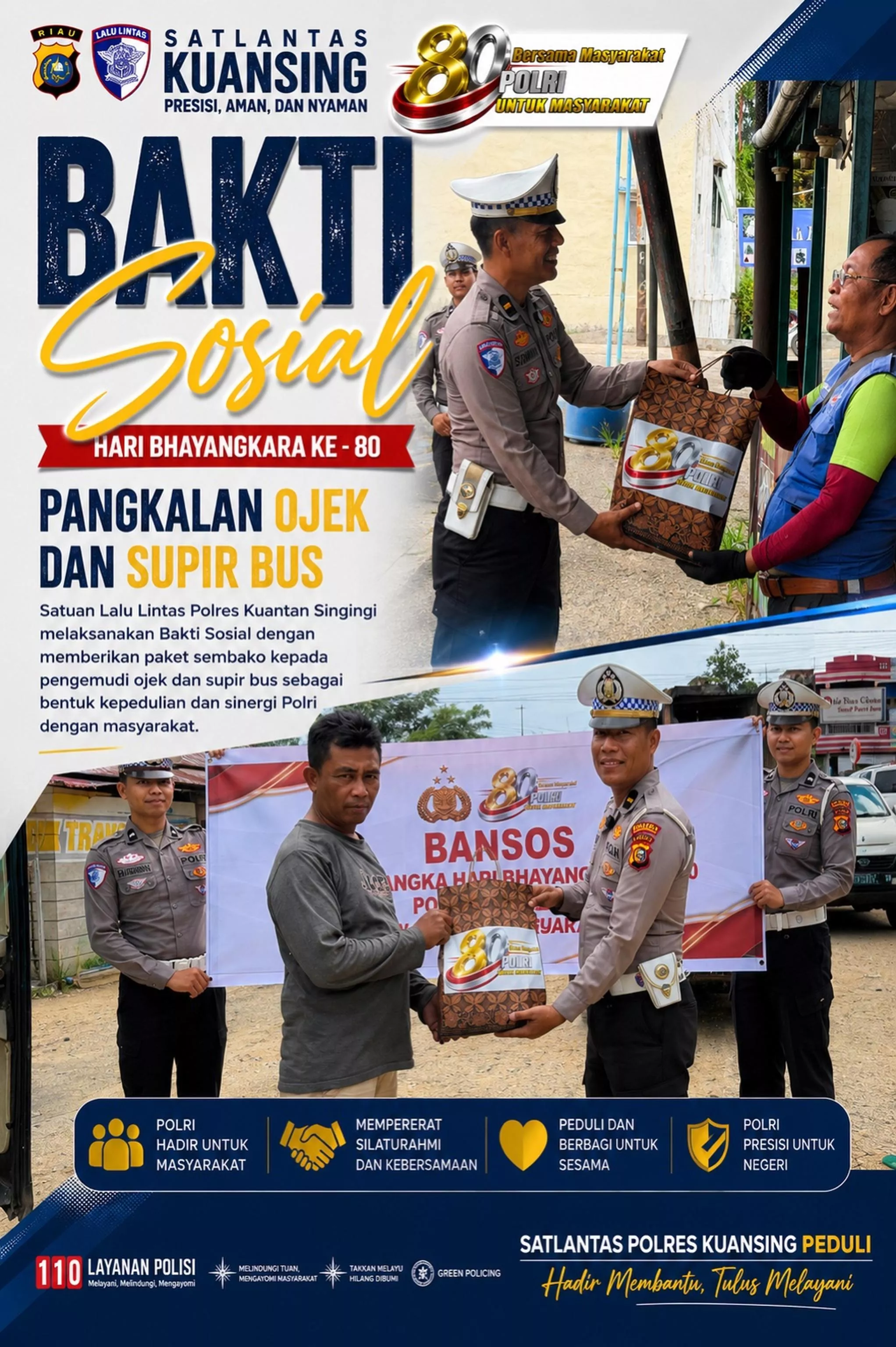 Sambut HUT Bhayangkara ke-80, Satlantas Polres Kuansing Salurkan Bantuan Sosial kepada Pengemudi Ojek dan Sopir Angkutan Umum