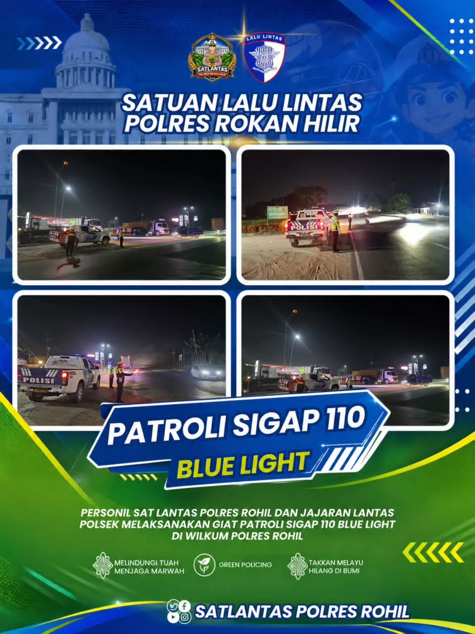 Jaga Keselamatan Pengguna Jalan Malam Hari, Tim SIGAP 110 Polres Rokan Hilir Patroli Jalur Lintas Riau–Sumut
