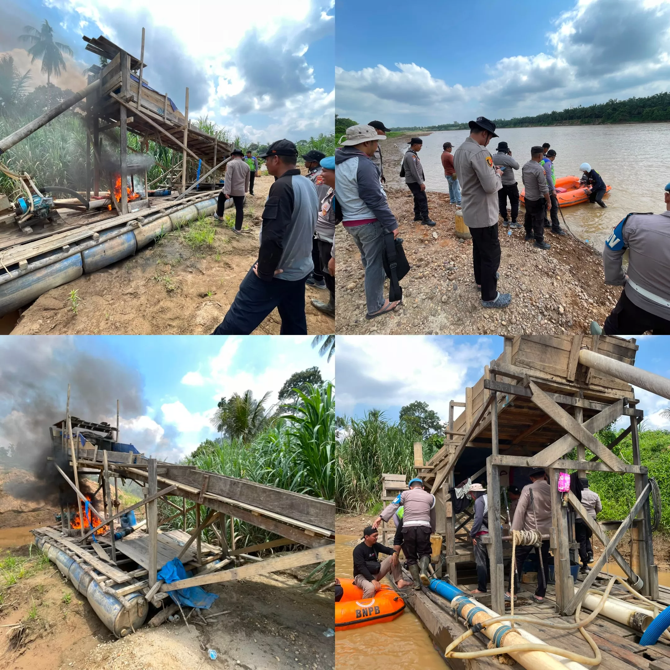 Sisir Aktivitas PETI di Aliran Sungai dengan Speed Boat, Polisi Bakar Rakit Penambang