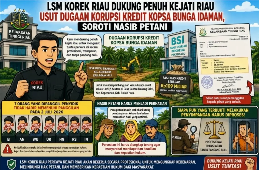 LSM KOREK Riau Dukung Kejati Usut Dugaan Korupsi Kredit Kopsa Bunga Idaman, Soroti Ketidakhadiran Pihak Yang Dipanggil dan Nasib Petani