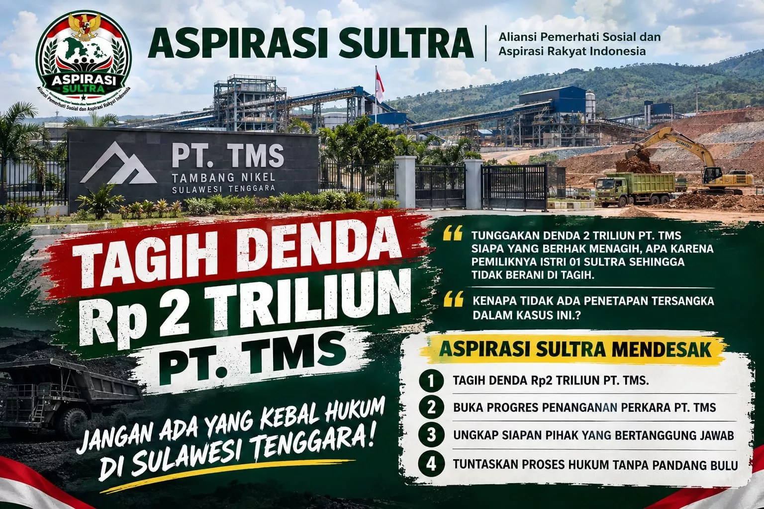 Progres Tagihan Denda PT TMS Rp2,09 Triliun Dipertanyakan, ASPIRASI Sultra: Marwah APH Jadi Taruhan