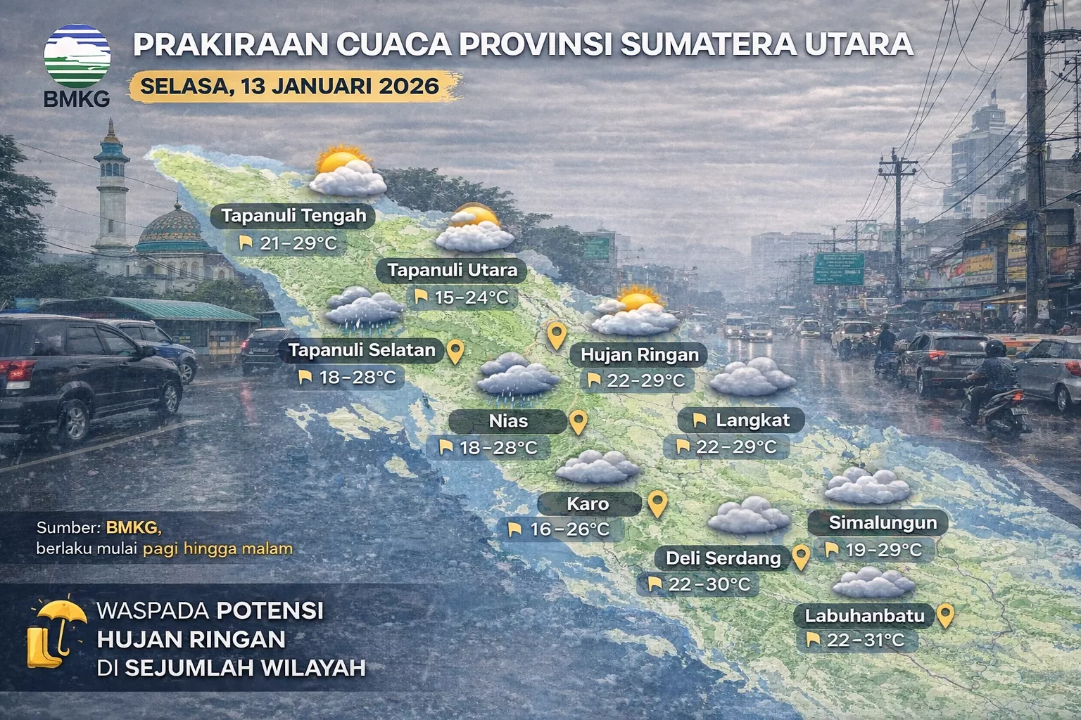 Prakiraan Cuaca Sumatera Utara, Selasa 13 Januari 2026: Cerah Berawan hingga Hujan Ringan