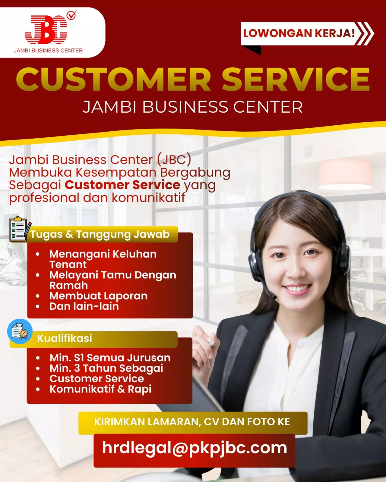 Jambi Business Center Rekrut Customer Service, Simak Ketentuannya