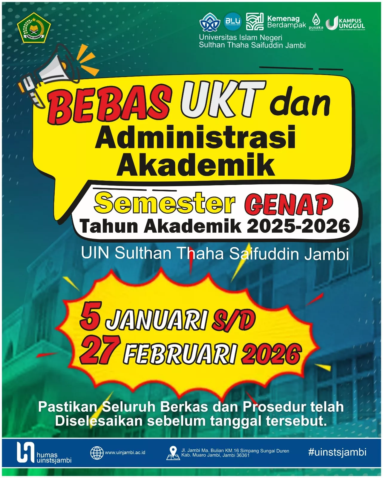 UIN STS Jambi Buka Pengajuan Bebas UKT Semester Genap 2025/2026, Ini Syaratnya